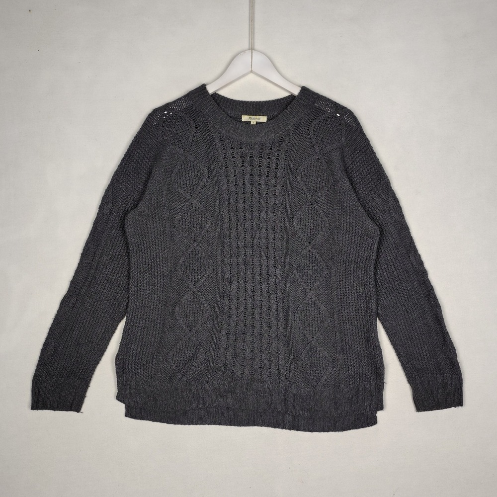 Madewell Charcoal Gray Cable Knit Pointelle Crewneck Sweater Medium
